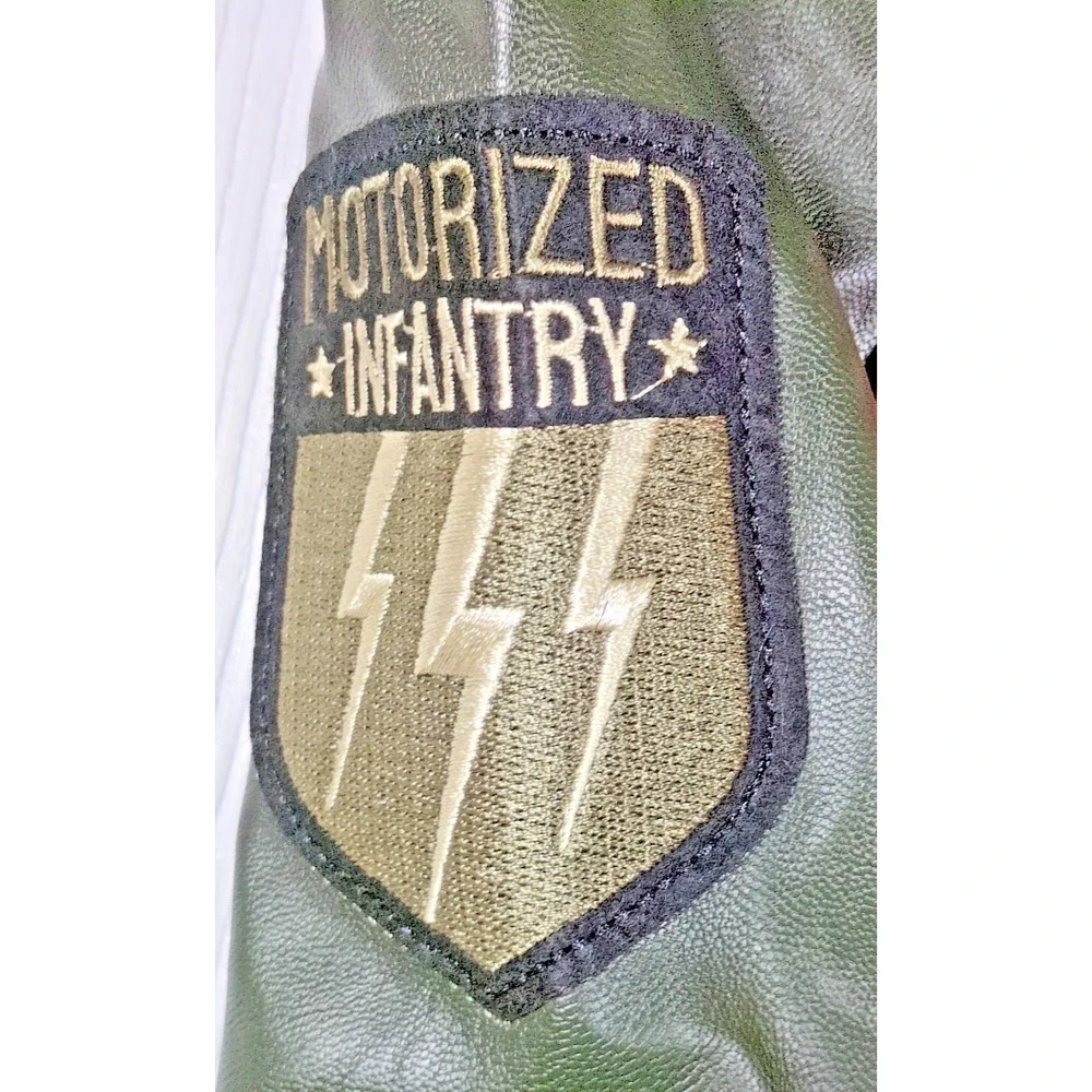 Ring of Fire Boys HANAN Varsity Jacket Patches Olive Green Faux Leather S 8
